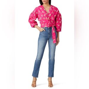 Color me Courtney Emily melon-printed puff sleeve Wrap Top in pink size S